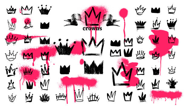 illustrazioni stock, clip art, cartoni animati e icone di tendenza di icona dei graffiti del logo mega set of crown. elementi neri disegno a mano libera. illustrazione vettoriale. isolato su sfondo bianco. - re