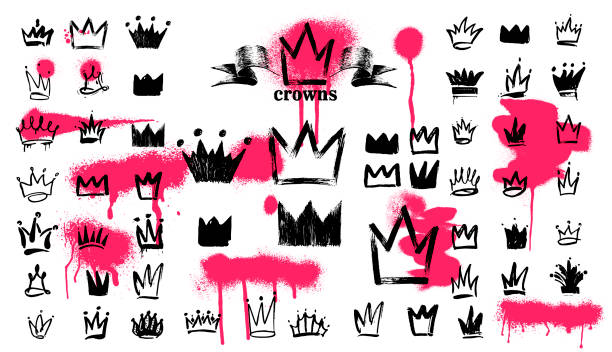 мега набор короны логотип граффити значок. черные элементы freehand рисунок. векторная иллюстрация. изолированные на белом фоне. - king stock illustrations