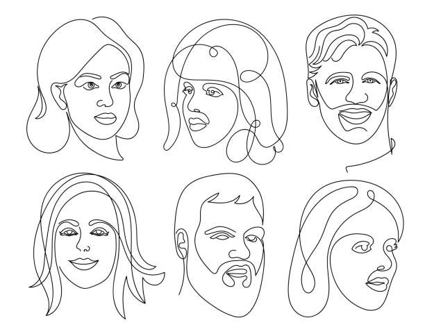 set des abstrakten gesichts eine zeichnung. porträt mann und frau minimalistischen stil. vector illustration. isoliert auf weißem hintergrund. - black pencil stock-grafiken, -clipart, -cartoons und -symbole