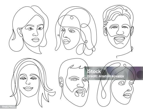 Set Of Abstract Face One Line Drawing Portrait Man And Woman Minimalist Style Vector Illustration Isolated On White Background Stock Illustration - Download Image Now