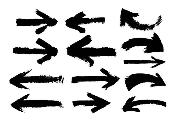 ilustrações de stock, clip art, desenhos animados e ícones de set of hand drawn arrows. grunge texture. freehand drawing. vector illustration. isolated on white background. - paint brush vector