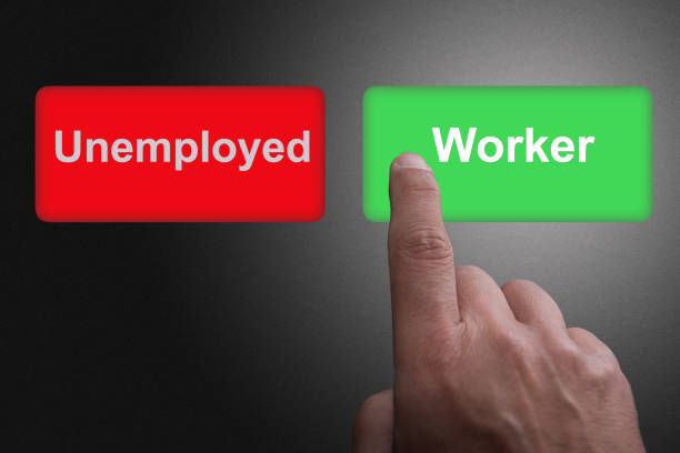istock Buttons with written Unemployed and Worker and pointing finger, on a gray gradient background 1148379406