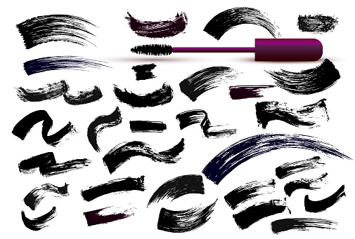 Set of make-up cosmetic mascara brush stroke texture design. Realistic mascara smear template. Mascara eyelashes. Hand drawn lash scribble swatch. Vector illustration. Isolated on white background.