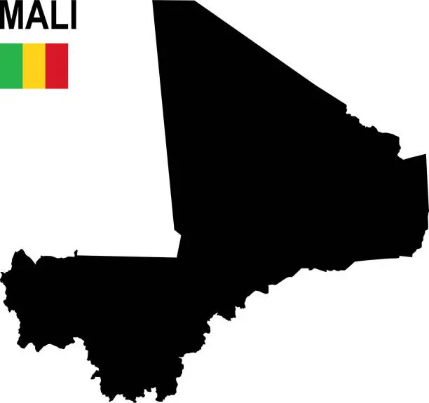 Vector illustration of Black basic map of Mali with flag against white background