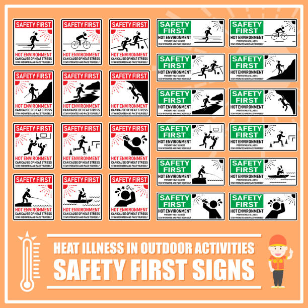 Set of safety signs and symbols of heat stress hazards in outdoor sport activities for warning and remind people to prevent themselves from heat illness. Heat stroke, Sun stroke, Hot weather. Set of safety signs and symbols of heat stress hazards in outdoor sport activities for warning and remind people to prevent themselves from heat illness. Heat stroke, Sun stroke, Hot weather. heat stress stock illustrations
