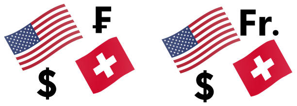иллюстрация векторной валютной пары usdchf. американский и швейцарский флаг, с символом доллара и франка. - swiss currency dollar sign exchange rate symbol stock illustrations