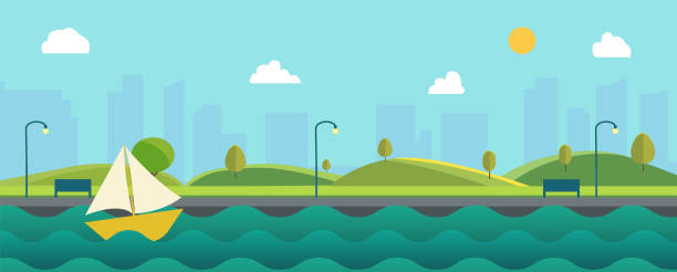 ilustrações, clipart, desenhos animados e ícones de paisagem bonita da natureza com rio, barco de vela e fundo da arquitectura da cidade. montes verdes com céu azul. parque público com natureza e lago. ilustração do vetor - sailboat nautical vessel lake sea