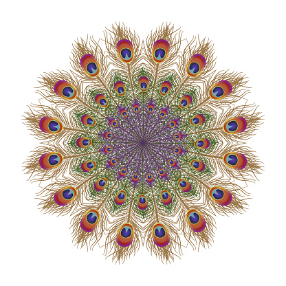 Beautiful card with feather peacock. Card of mandala. Bright illustration. Pattern kaleidoscope, india.