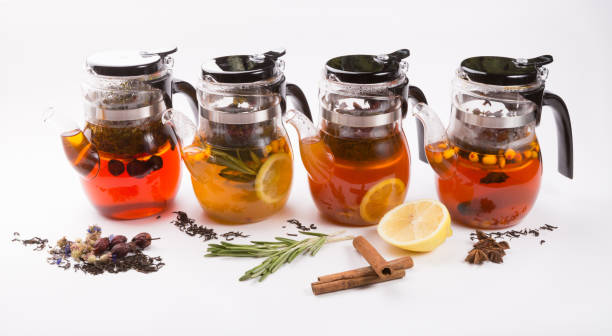 istock Glass transparent teapot on white backgrounf with tea ingredients 1148386084