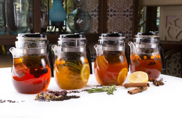 istock Glass transparent teapot on white backgrounf with tea ingredients 1148386135