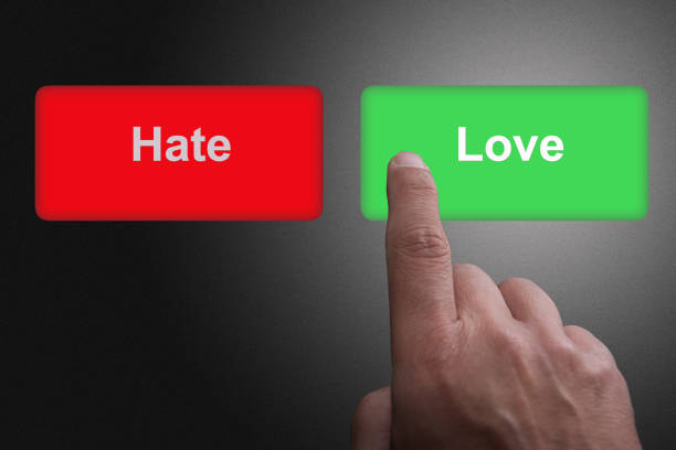 Buttons with written Love and Hate and pointing finger, on a gray gradient background