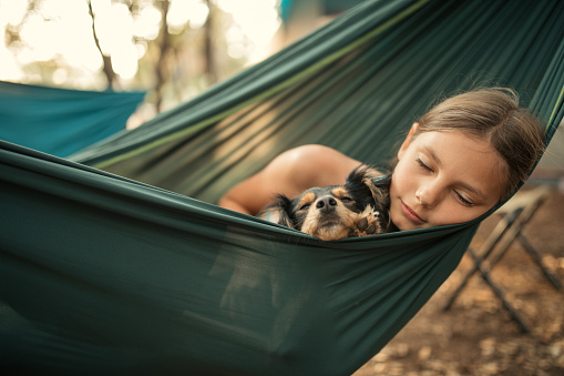 Girl lying and sleeping in hammock with her cute dog. They are located in camp in forest with nice shade.