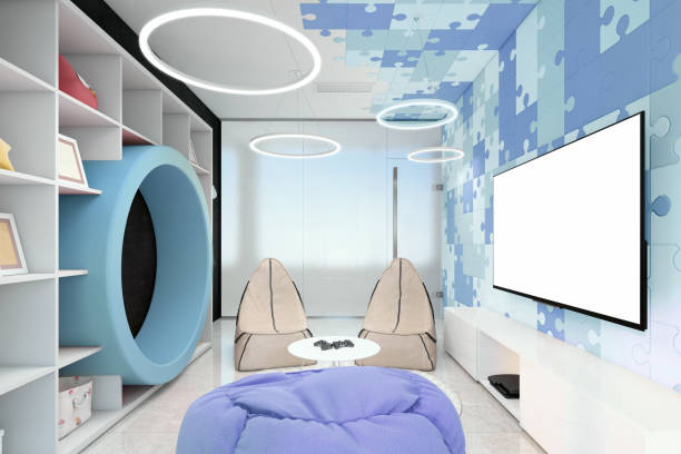 istock Kids room interior with wallpaper decor 1148389074