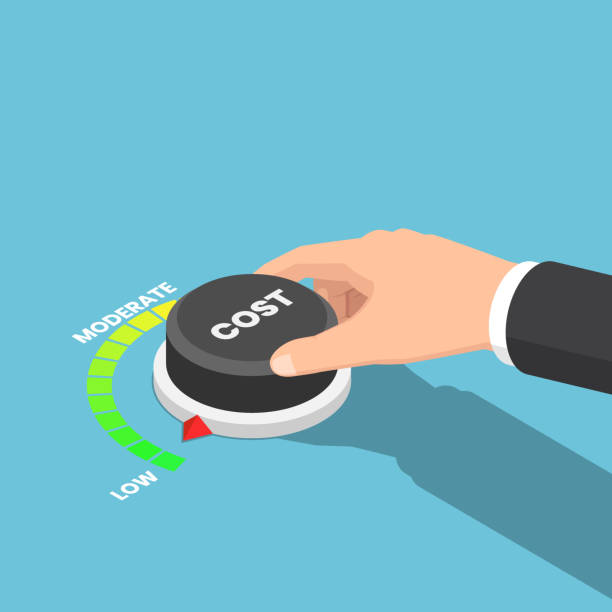 Isometric businessman hand turn cost dial to low position Flat 3d isometric businessman hand turn cost dial to low position. Cost reduction management concept. dialing stock illustrations