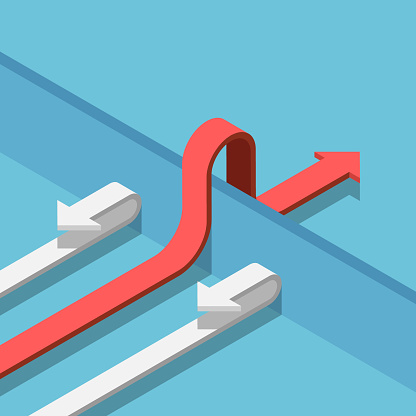 Flat 3d isometric red arrow find a way to cross the wall to success. Business solution concept.