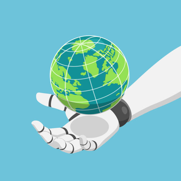 isometrische roboterhand hält die welt oder den planeten erde - business global business merger globe stock-grafiken, -clipart, -cartoons und -symbole