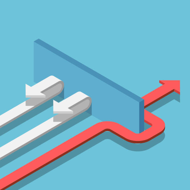 illustrazioni stock, clip art, cartoni animati e icone di tendenza di freccia rossa isometrica trova il modo di passare il muro al successo - the way forward