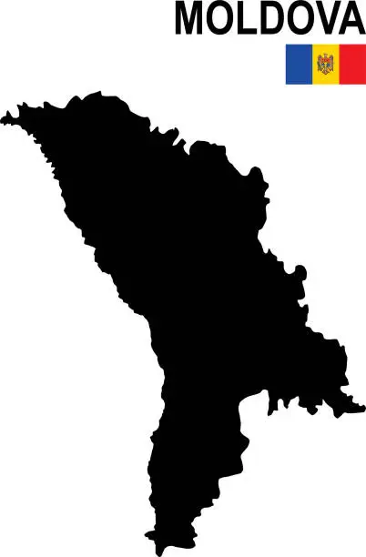 Vector illustration of Black basic map of Moldova with flag against white background