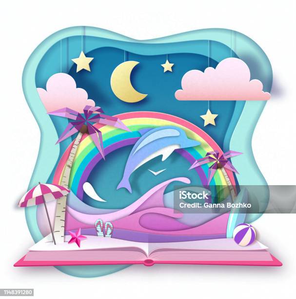 Open Fairy Tale Book With Dolphin And Tropic Beach Landscape Cut Out Paper Art Style Design Stock Illustration - Download Image Now