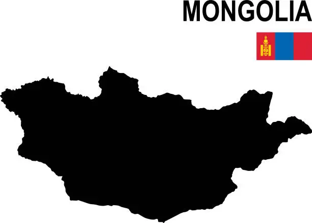 Vector illustration of Black basic map of Mongolia with flag against white background