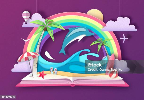 Open Fairy Tale Book With Dolphin And Tropic Beach Landscape Cut Out Paper Art Style Design Stock Illustration - Download Image Now