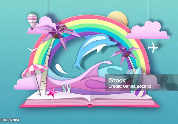 Open Fairy Tale Book With Dolphin And Tropic Beach Landscape Cut Out Paper Art Style Design Stock Illustration - Download Image Now