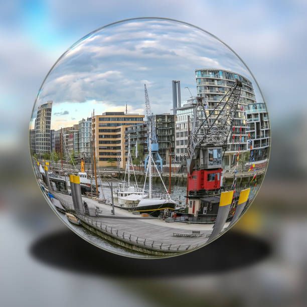 Glass ball - view into the Hamburg harbor city