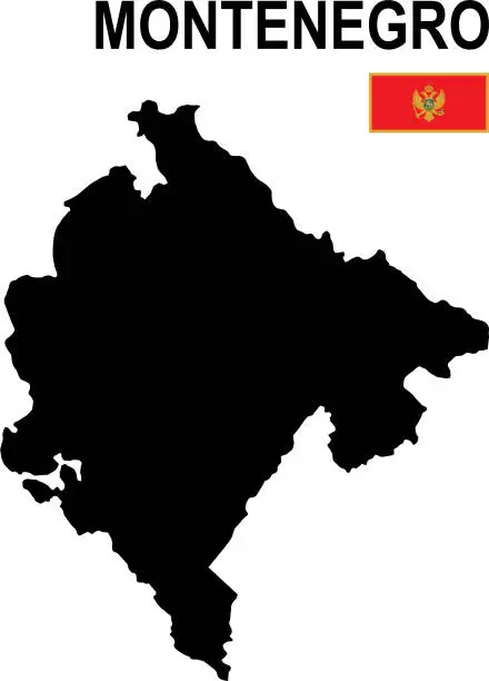 Vector illustration of Black basic map of Montenegro with flag against white background