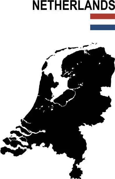 Vector illustration of Black basic map of Netherlands with flag against white background