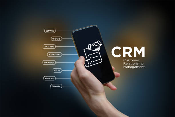 crm - customer relationship managament - icon with keywords - setup operator imagens e fotografias de stock