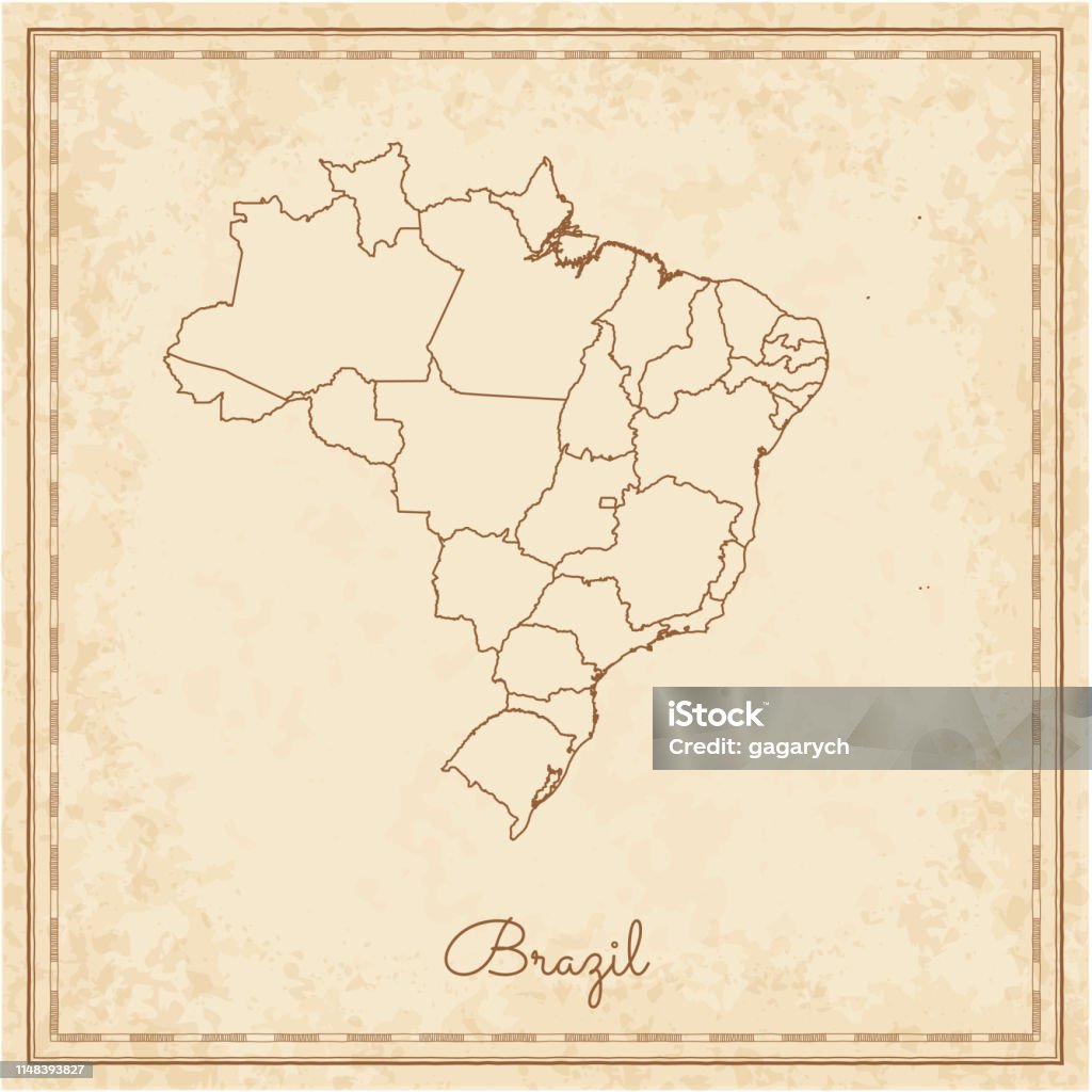 Brazil region map: stilyzed old pirate parchment imitation. Brazil region map: stilyzed old pirate parchment imitation. Detailed map of Brazil regions. Vector illustration. Brazil stock vector