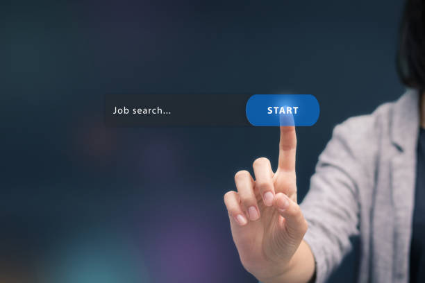 Online job search. Woman searching job on the internet. Looking for job online and search button on virtual touch screen. job search stock pictures, royalty-free photos & images