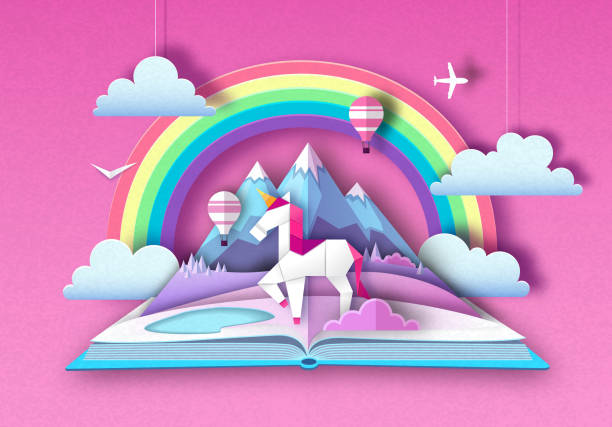 유니콘과 산 풍경 오픈 동화 책. 종이 아트 스타일 디자인을 잘라 - unicorn fantasy landscape animal stock illustrations