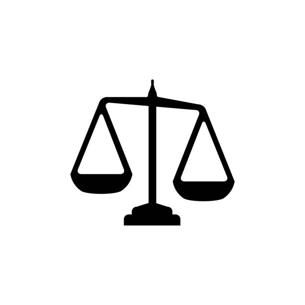 justice scales icon in flat style vector for app, ui, websites. black icon vector illustration. - lawsuit stock-grafiken, -clipart, -cartoons und -symbole