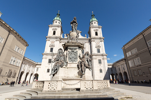 Salzburg, Austria - April 29; 2016: Cathedral of Saints Rupert and Vergilius and Marian column in Domplatz. Salzburg,  Austria