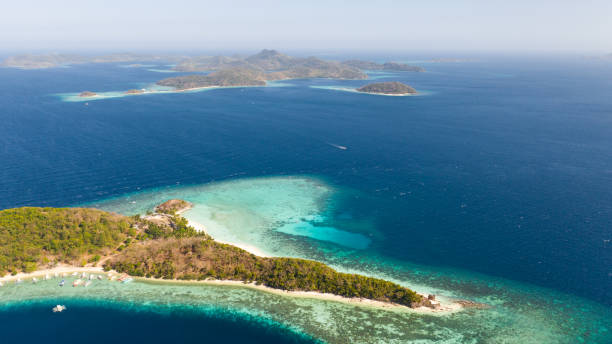 istock Beautiful tropical island with white beach, top view. Malcapuya Island 1148401828