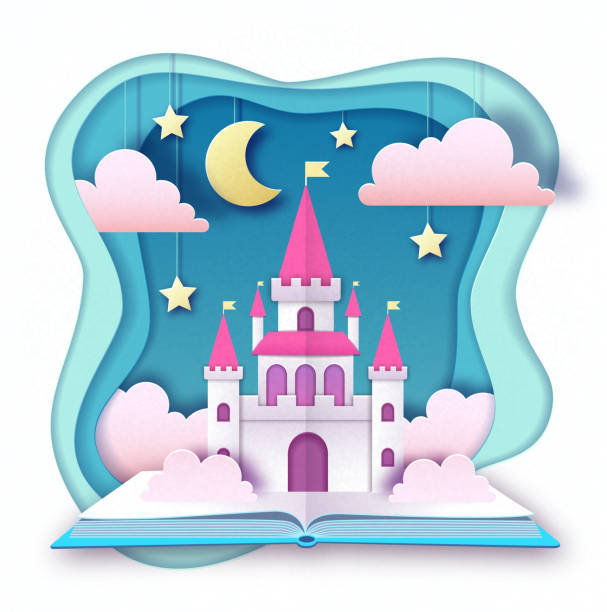 offenes märchenbuch mit schloss mit wolken, sternen und mond. schneiden sie das design des papierkunststils aus. origami - shape comic book label text stock-grafiken, -clipart, -cartoons und -symbole