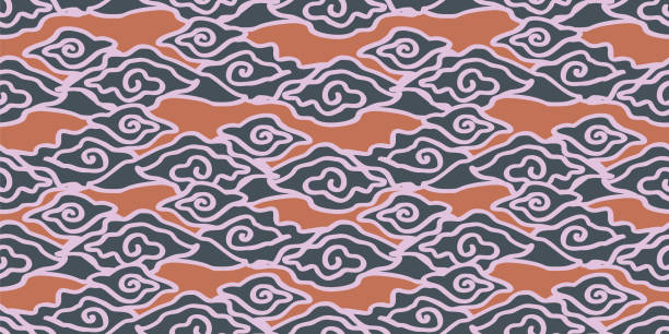 awan abstrak tangan ditarik pola motif dengan suku etnis korea, jepang, indonesia, dan cina motif batik. ilustrasi vektor untuk pembungkusan busana dan cetakan tekstil. - batik ilustrasi stok