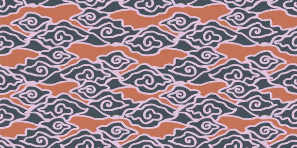 Vector illustration of Cloud abstract hand drawn motif pattern with tribal ethnic korean, japanese, Indonesian, and china batik motif. Vector illustration for fashion wrapping and textile print.