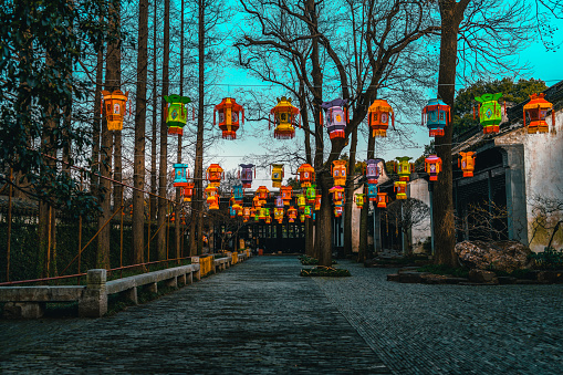 Colorful lanterns at the garden to celebrate the arrival of the new year in Wuxi, China.
