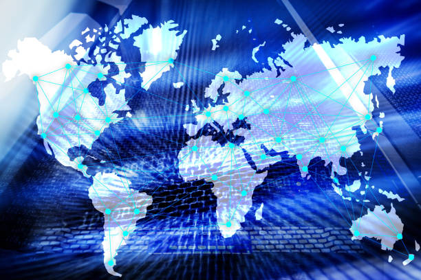 istock Internet and telecommunication concept with world map on server room background. 1148406134