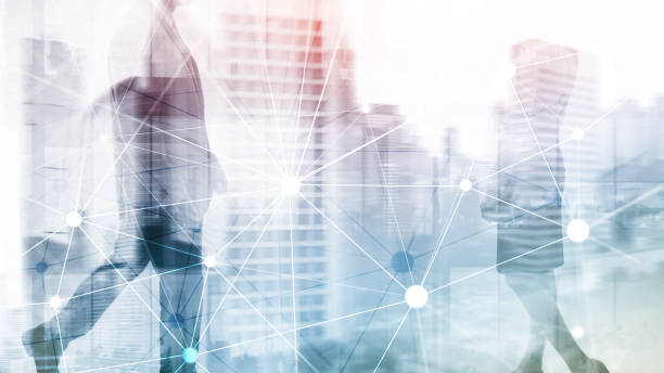 istock Blockchain network on blurred skyscrapers background. Financial technology and communication concept. 1148408677