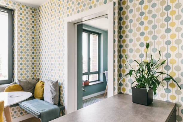 Scandinavian interior design. White grey yellow green color kitchen room organization