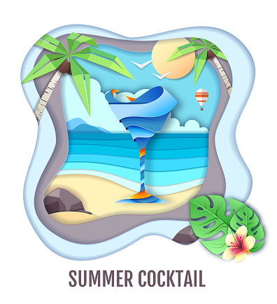 Tropic cocktail on sea beach landscape. Paper cut out art style design