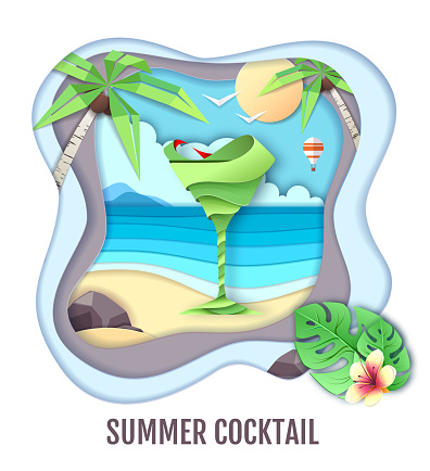 Tropic cocktail on sea beach landscape. Paper cut out art style design