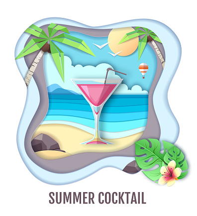 Tropic cocktail on sea beach landscape. Paper cut out art style design