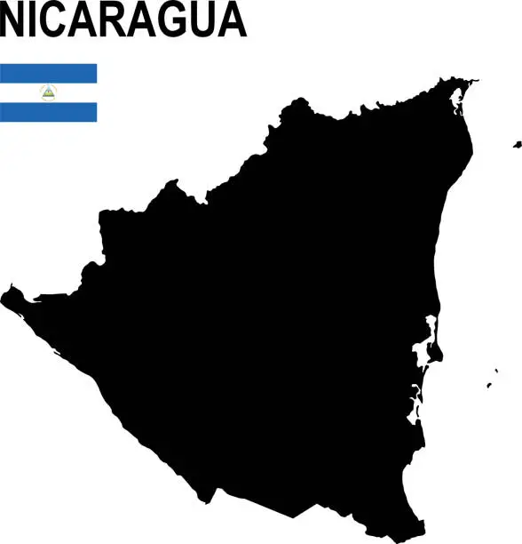 Vector illustration of Black basic map of Nicaragua with flag against white background