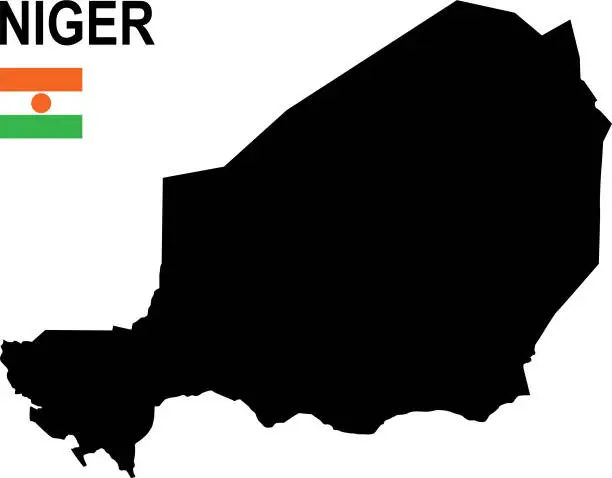 Vector illustration of Black basic map of Niger with flag against white background