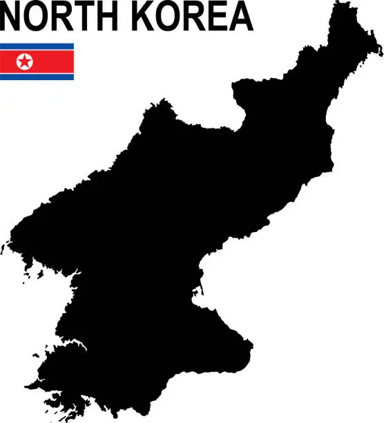 Vector illustration of Black basic map of North Korea
with flag against white background