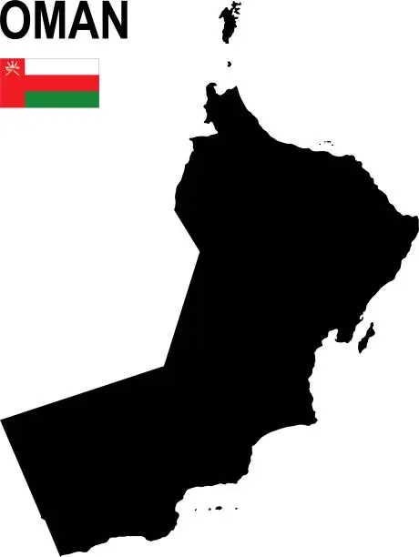 Vector illustration of Black basic map of Flag of Oman with flag against white background